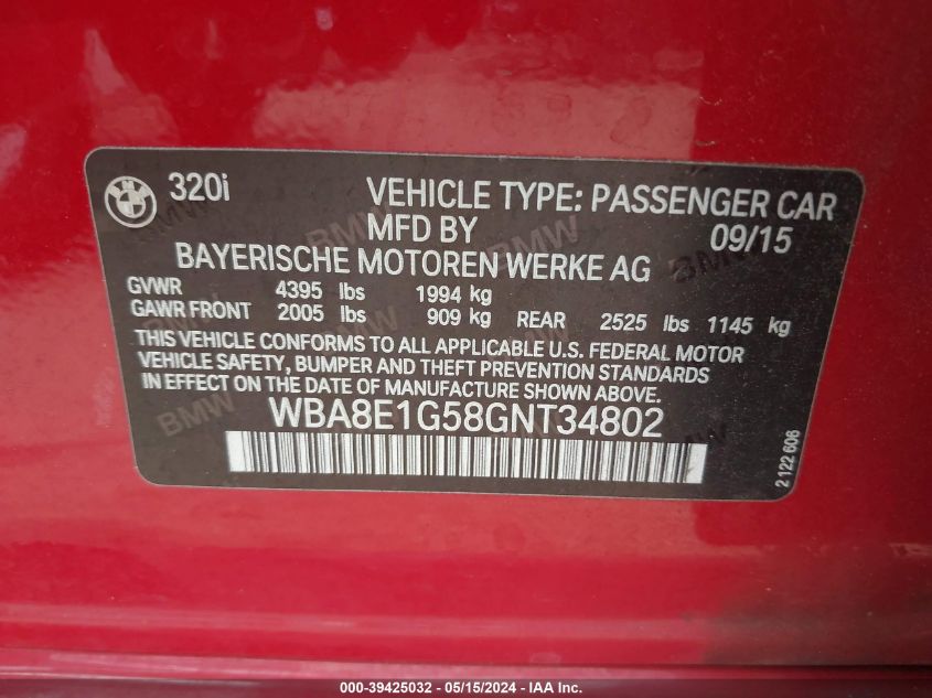 2016 BMW 320I VIN: WBA8E1G58GNT34802 Lot: 39425032