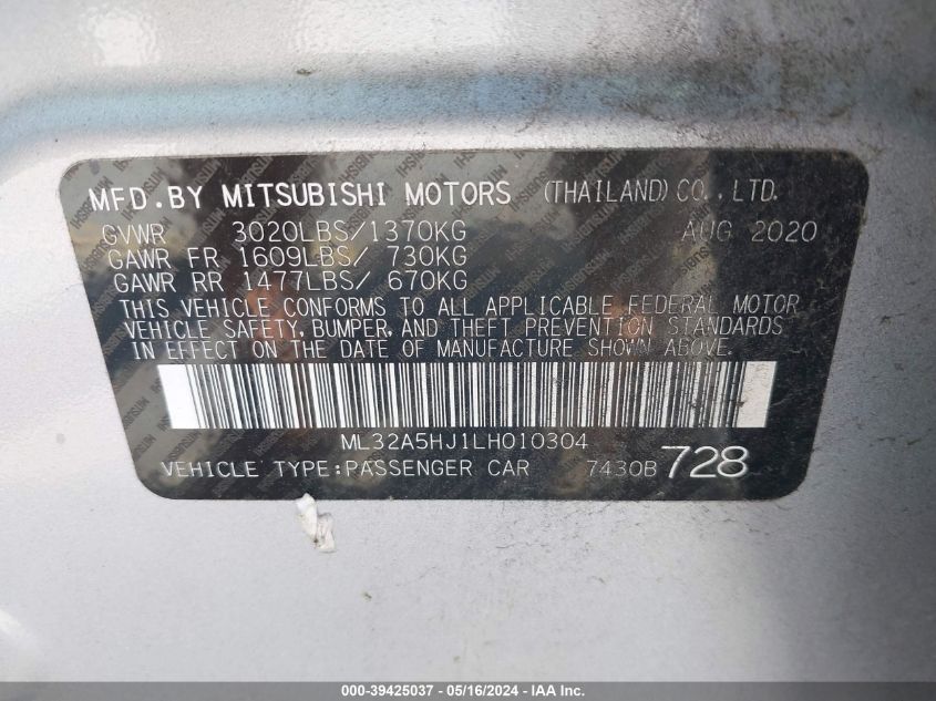 2020 Mitsubishi Mirage Gt/Le VIN: ML32A5HJ1LH010304 Lot: 39425037