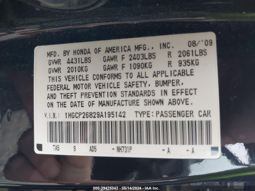2009 Honda Accord 2.4 Ex-L VIN: 1HGCP26829A195142 Lot: 39425042