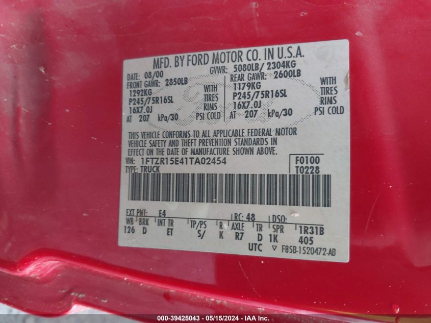 2001 Ford Ranger Edge/Xlt VIN: 1FTZR15E41TA02454 Lot: 39425043