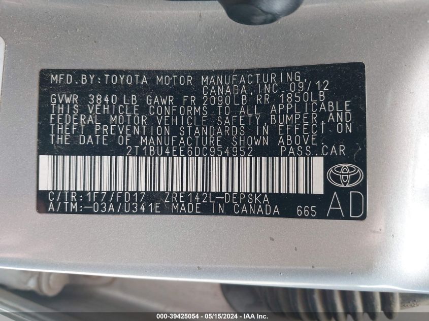 2013 Toyota Corolla S VIN: 2T1BU4EE6DC954952 Lot: 39425054