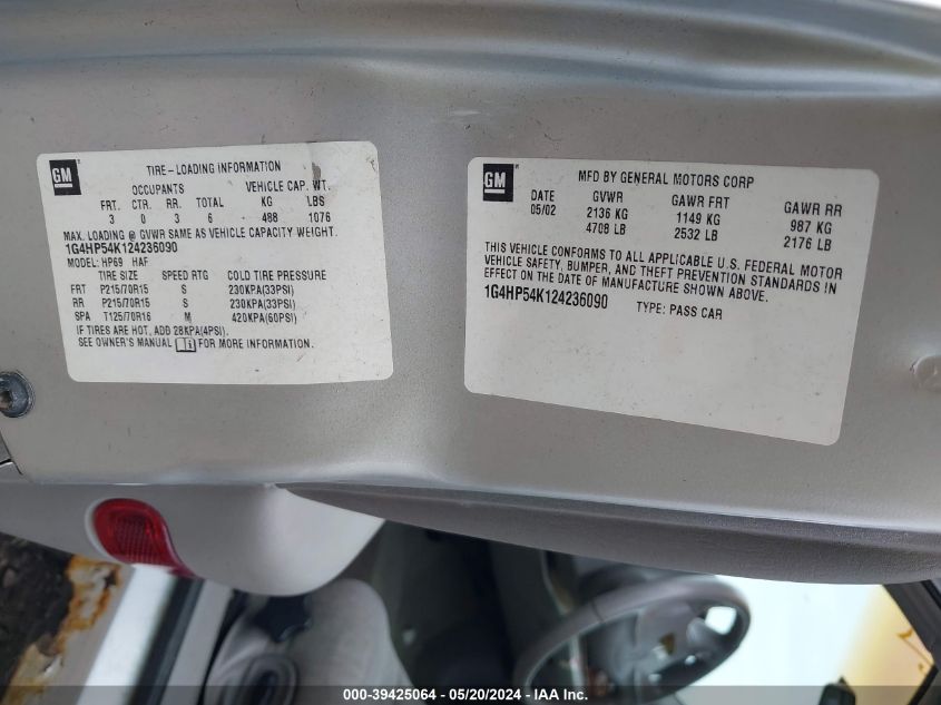 2002 Buick Lesabre Custom VIN: 1G4HP54K124236090 Lot: 39425064