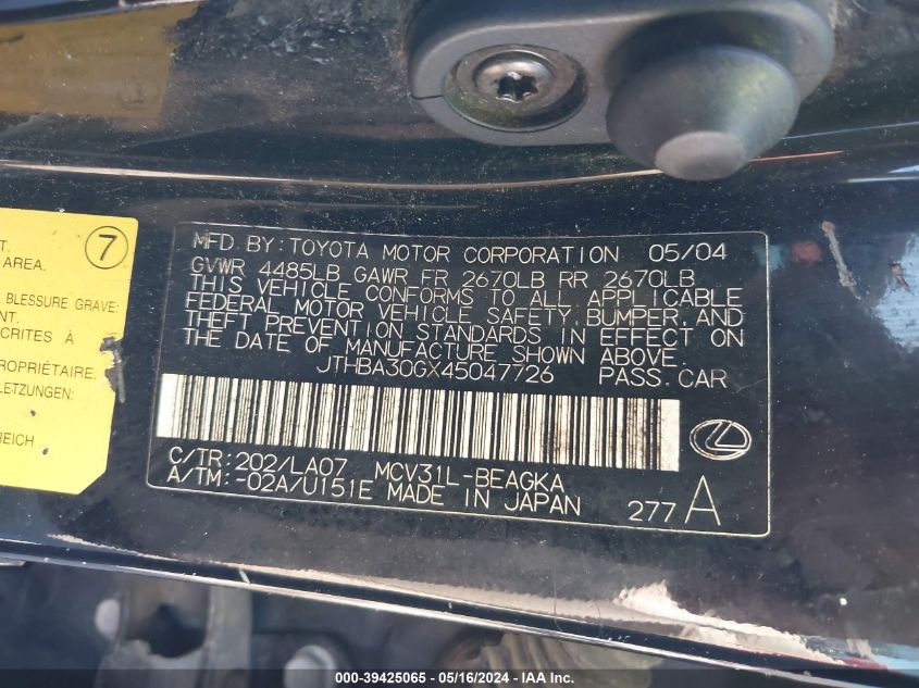 2004 Lexus Es 330 VIN: JTHBA30GX45047726 Lot: 39425065