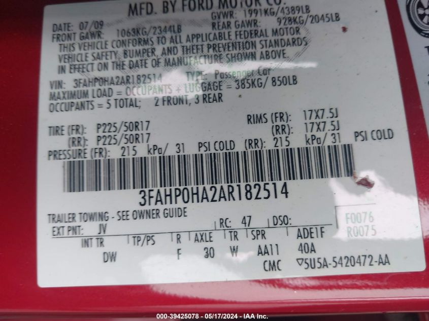 2010 Ford Fusion Se VIN: 3FAHP0HA2AR182514 Lot: 39425078