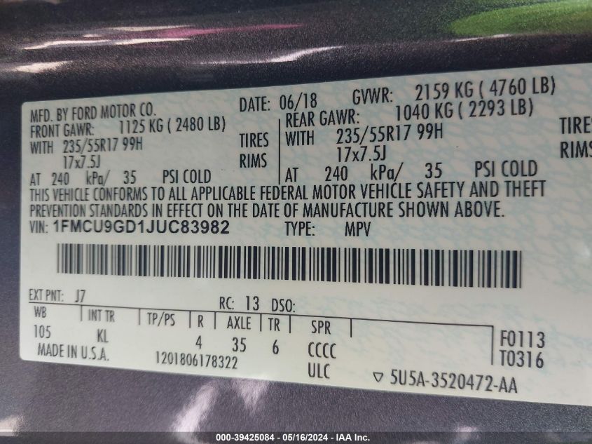 2018 Ford Escape Se VIN: 1FMCU9GD1JUC83982 Lot: 39425084