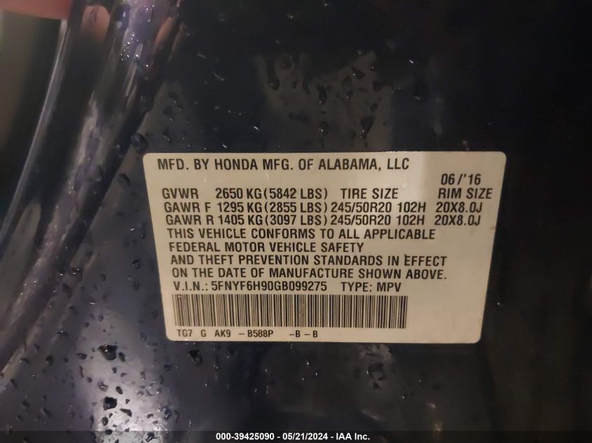 2016 Honda Pilot Touring VIN: 5FNYF6H90GB099275 Lot: 39425090