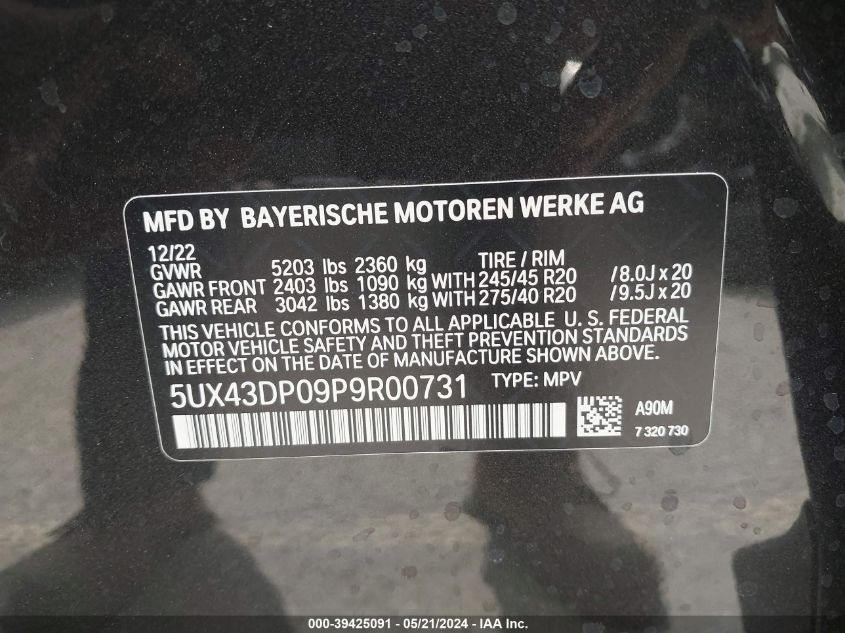 2023 BMW X3 Sdrive30I VIN: 5UX43DP09P9R00731 Lot: 39425091