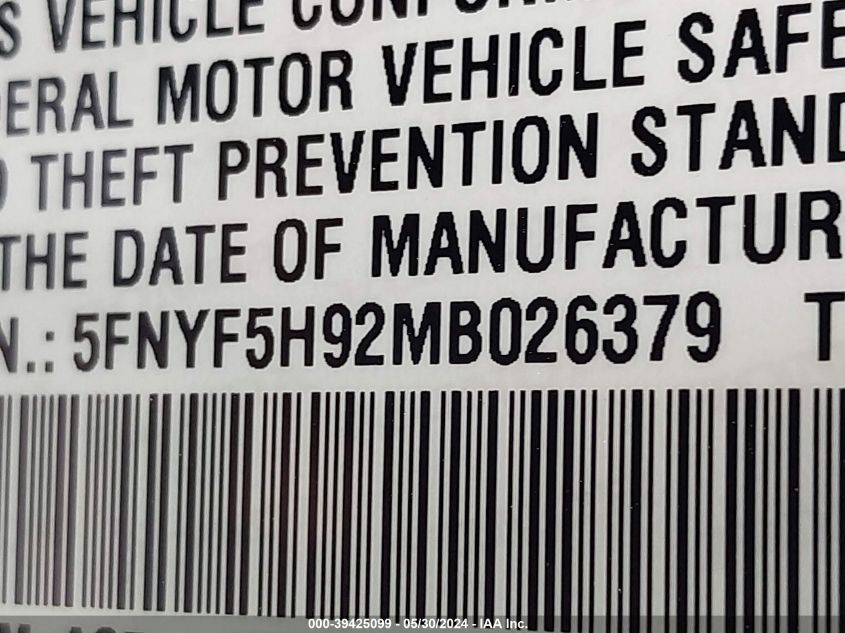 2021 Honda Pilot 2Wd Touring 8 Passenger VIN: 5FNYF5H92MB026379 Lot: 39425099