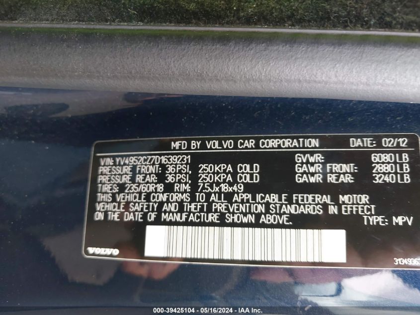 2013 Volvo Xc90 3.2/3.2 Platinum/3.2 Premier Plus VIN: YV4952CZ7D1639231 Lot: 39425104