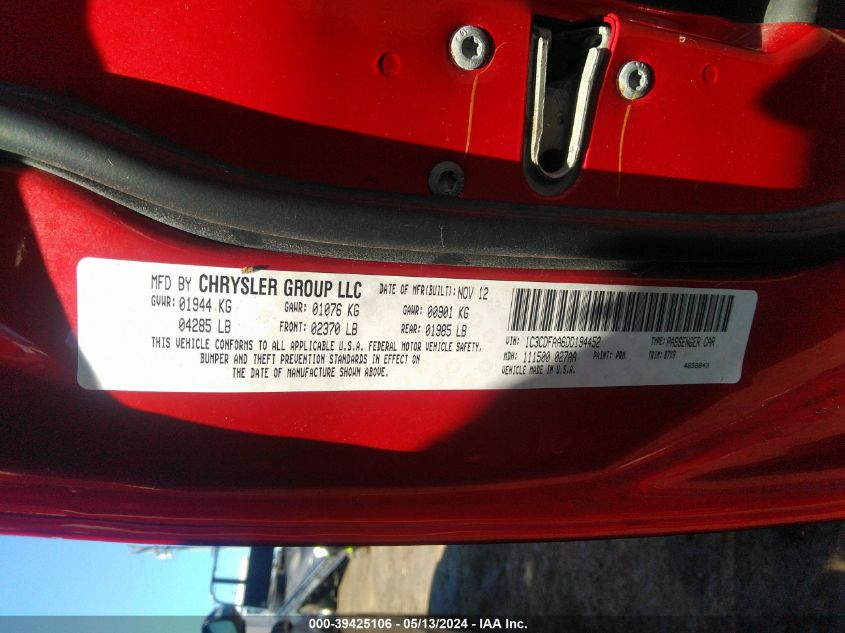 2013 Dodge Dart Se VIN: 1C3CDFAA6DD194452 Lot: 39425106