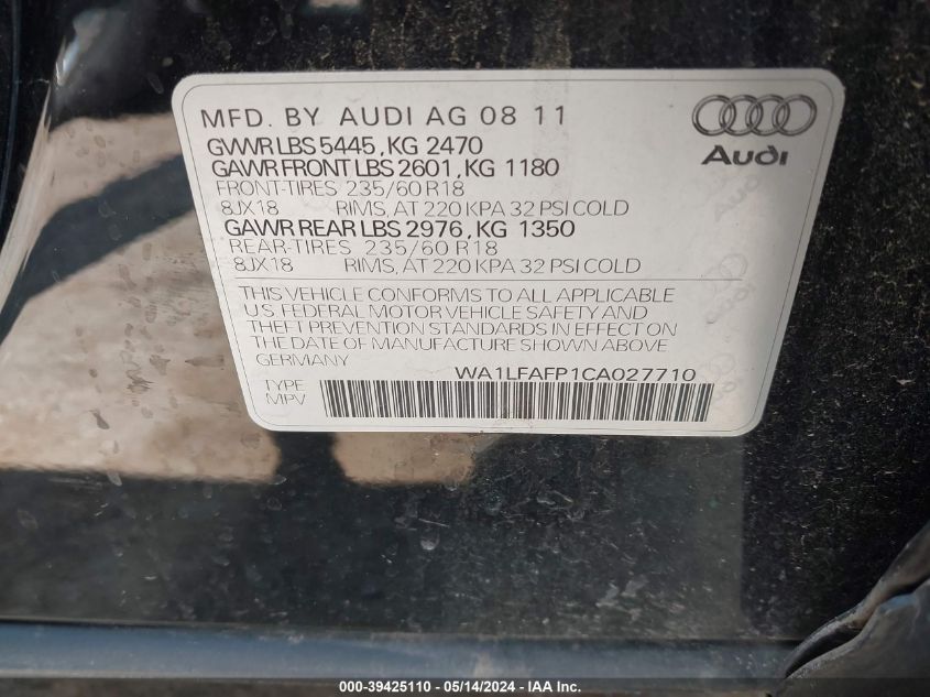 2012 Audi Q5 2.0T Premium VIN: WA1LFAFP1CA027710 Lot: 39425110