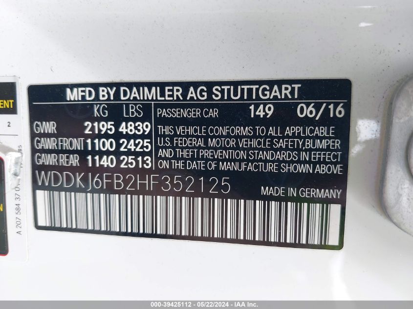 2017 Mercedes-Benz E 400 VIN: WDDKJ6FB2HF352125 Lot: 39425112