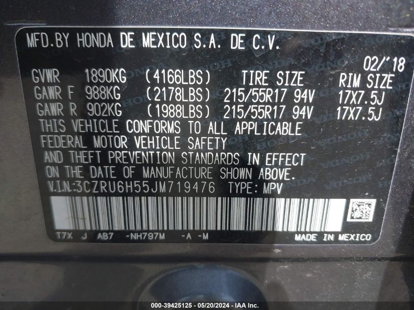 2018 Honda Hr-V Ex VIN: 3CZRU6H55JM719476 Lot: 39425125