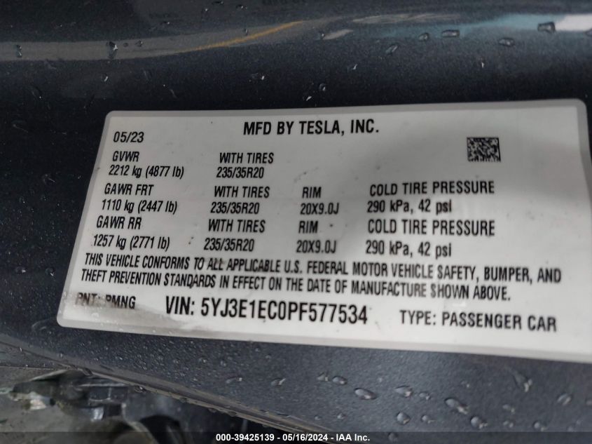 2023 Tesla Model 3 Performance Dual Motor All-Wheel Drive VIN: 5YJ3E1EC0PF577534 Lot: 39425139