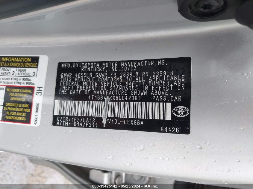 2008 Toyota Camry Hybrid VIN: 4T1BB46KX8U042081 Lot: 39425142