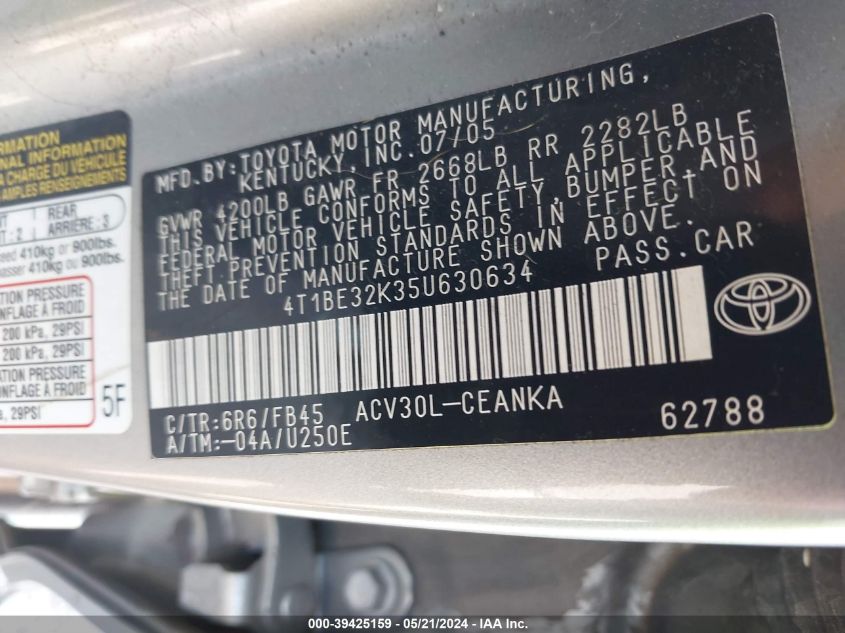 2005 Toyota Camry Le VIN: 4T1BE32K35U630634 Lot: 39425159