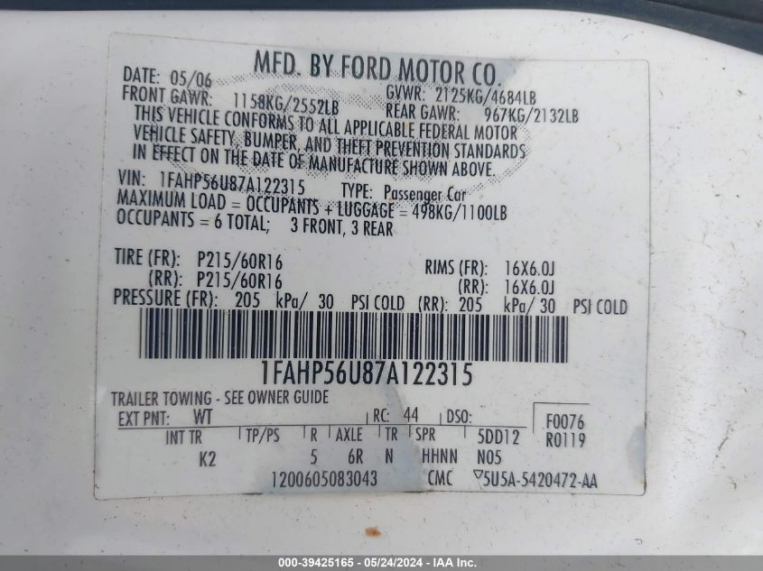 2007 Ford Taurus Sel VIN: 1FAHP56U87A122315 Lot: 39425165