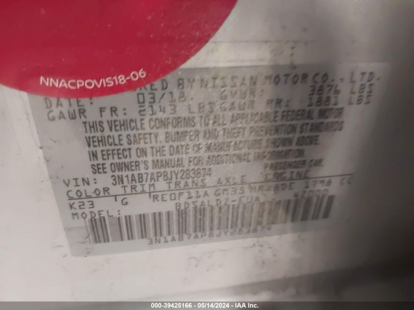 2018 Nissan Sentra Sv VIN: 3N1AB7AP8JY283874 Lot: 39425166