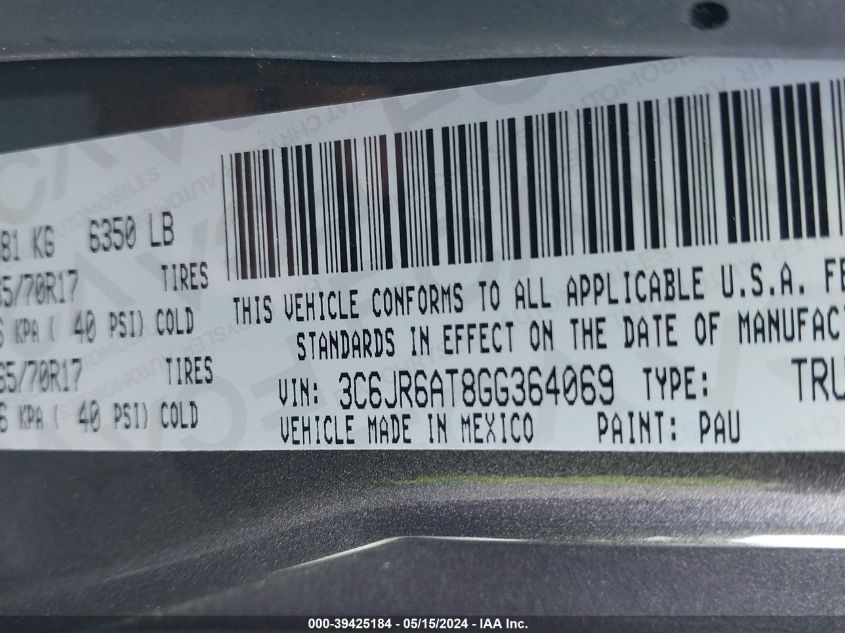 2016 Ram 1500 Express VIN: 3C6JR6AT8GG364069 Lot: 39425184