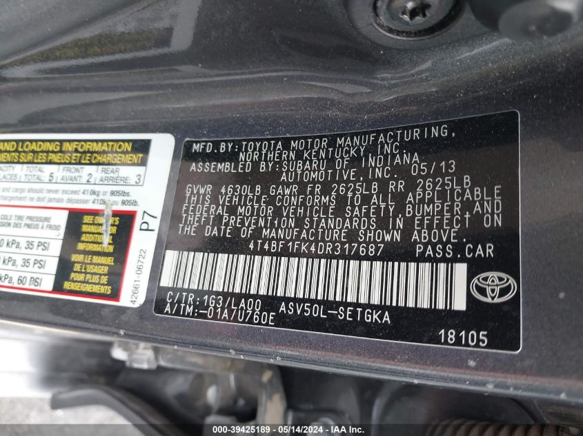 2013 Toyota Camry Xle VIN: 4T4BF1FK4DR317687 Lot: 39425189