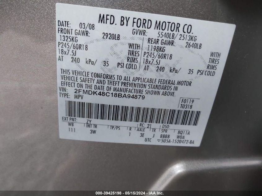 2008 Ford Edge Sel VIN: 2FMDK48C18BA94879 Lot: 39425198