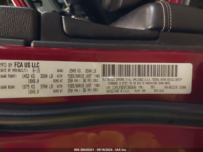 2015 Jeep Grand Cherokee Limited VIN: 1C4RJFBG5FC889600 Lot: 39425201