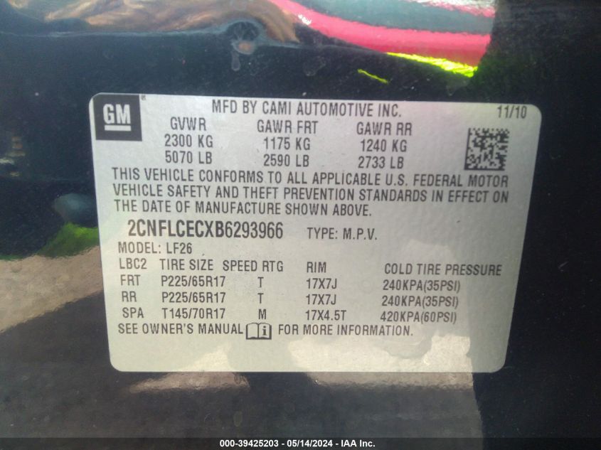 2011 Chevrolet Equinox Ls VIN: 2CNFLCECXB6293966 Lot: 39425203