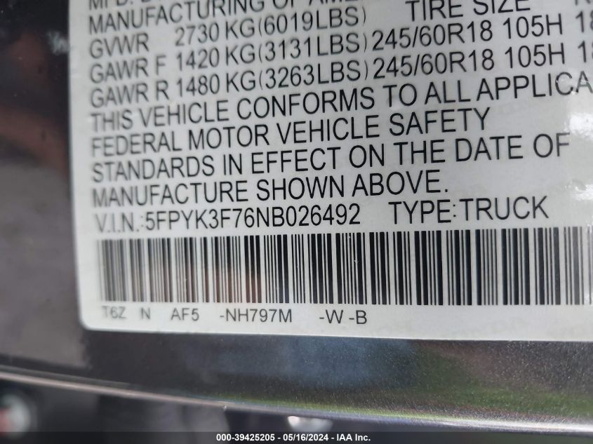 2022 Honda Ridgeline Rtl-E VIN: 5FPYK3F76NB026492 Lot: 39425205