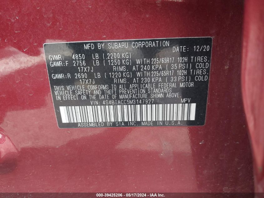 2021 Subaru Outback Premium VIN: 4S4BTACC5M3147927 Lot: 39425206