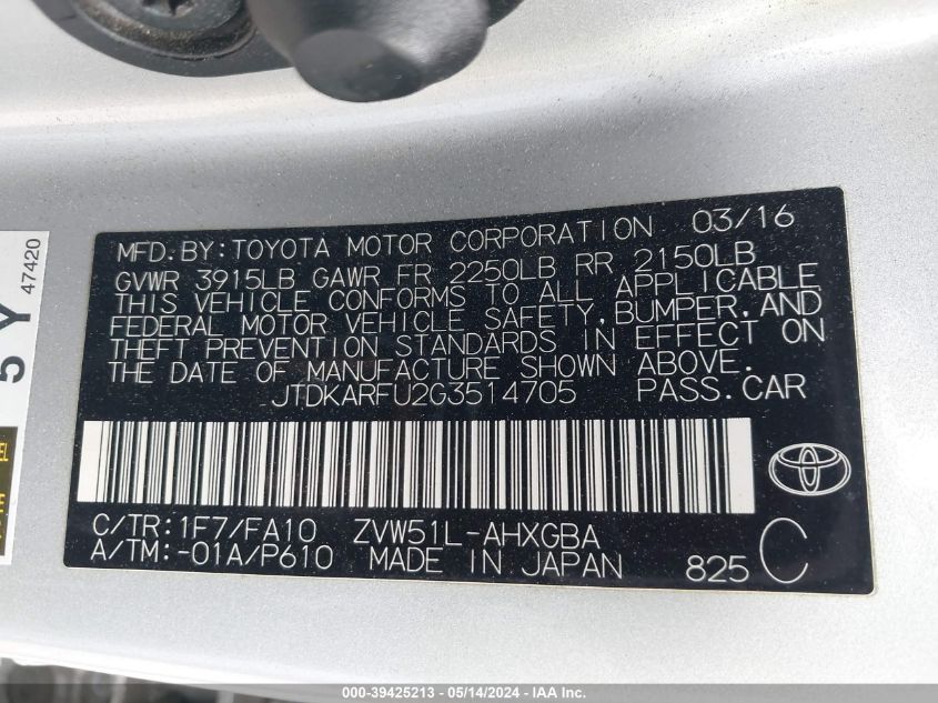 2016 Toyota Prius Three VIN: JTDKARFU2G3514705 Lot: 39425213