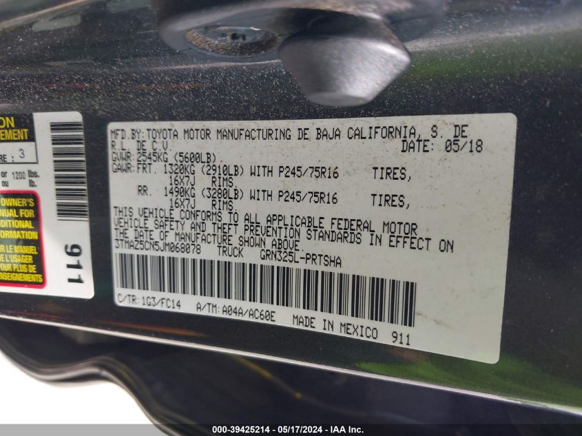 2018 Toyota Tacoma Sr5 V6 VIN: 3TMAZ5CN5JM068078 Lot: 39425214