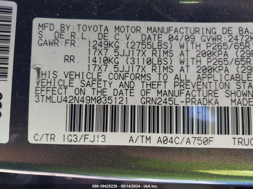 2009 Toyota Tacoma Base V6 VIN: 3TMLU42N49M035121 Lot: 39425228