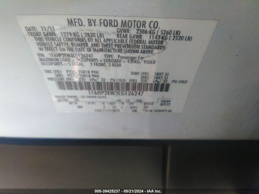 2012 Ford Taurus Sel VIN: 1FAHP2EW3CG126247 Lot: 39425237