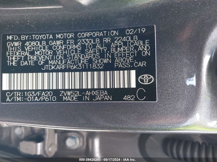 2019 Toyota Prius Prime Plus VIN: JTDKARFP6K3111832 Lot: 39425243