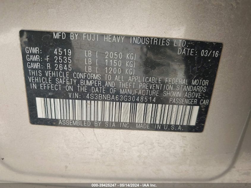 2016 Subaru Legacy 2.5I VIN: 4S3BNBA63G3048514 Lot: 39425247