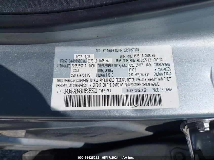 VIN JM3KFABM8K1525390 2019 MAZDA CX-5 SPORT