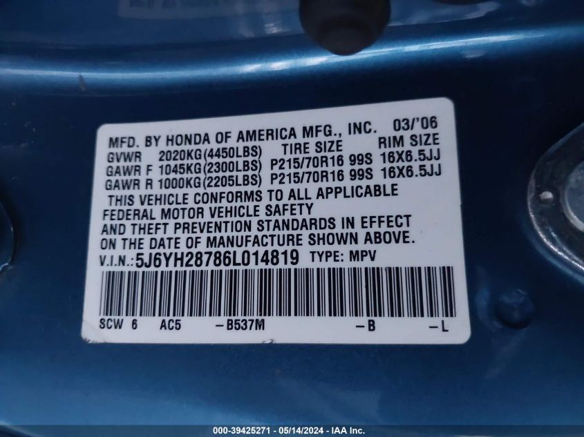 2006 Honda Element Ex-P VIN: 5J6YH28786L014819 Lot: 39425271