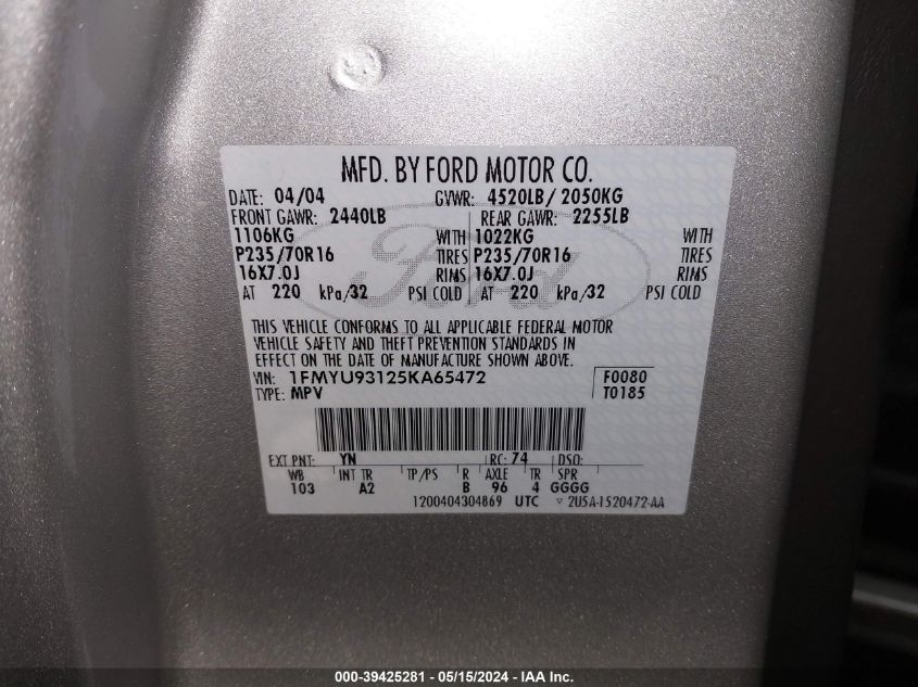 2005 Ford Escape Xlt VIN: 1FMYU93125KA65472 Lot: 39425281