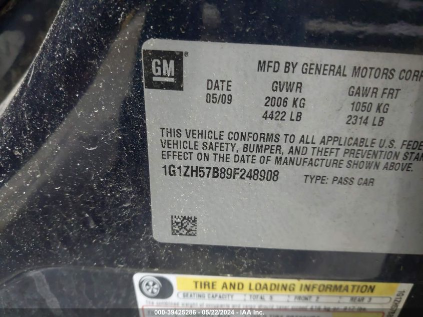 2009 Chevrolet Malibu Lt VIN: 1G1ZH57B89F248908 Lot: 39425286