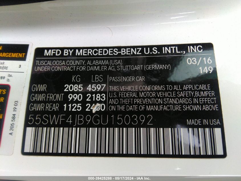 2016 Mercedes-Benz C 300 VIN: 55SWF4JB9GU150392 Lot: 39425288