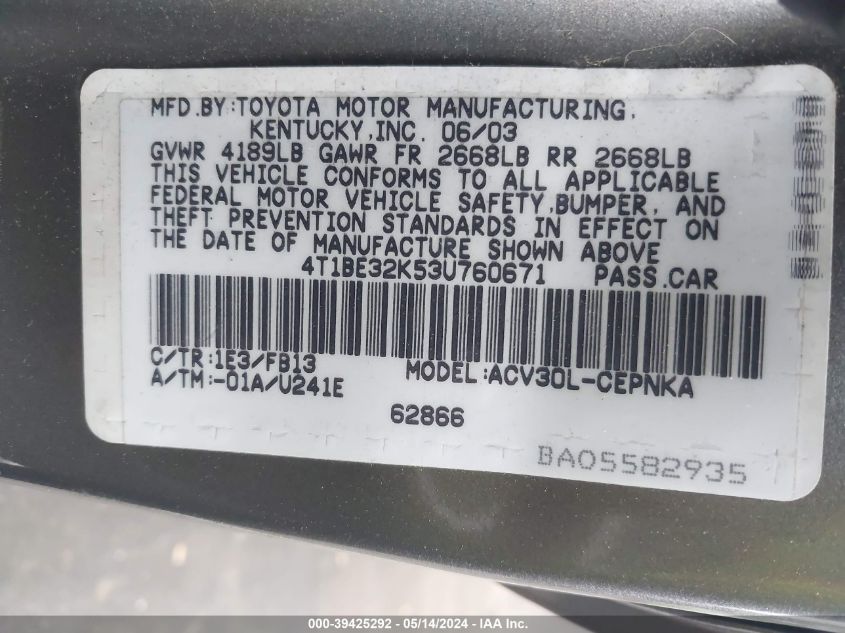 2003 Toyota Camry Le VIN: 4T1BE32K53U760671 Lot: 39425292