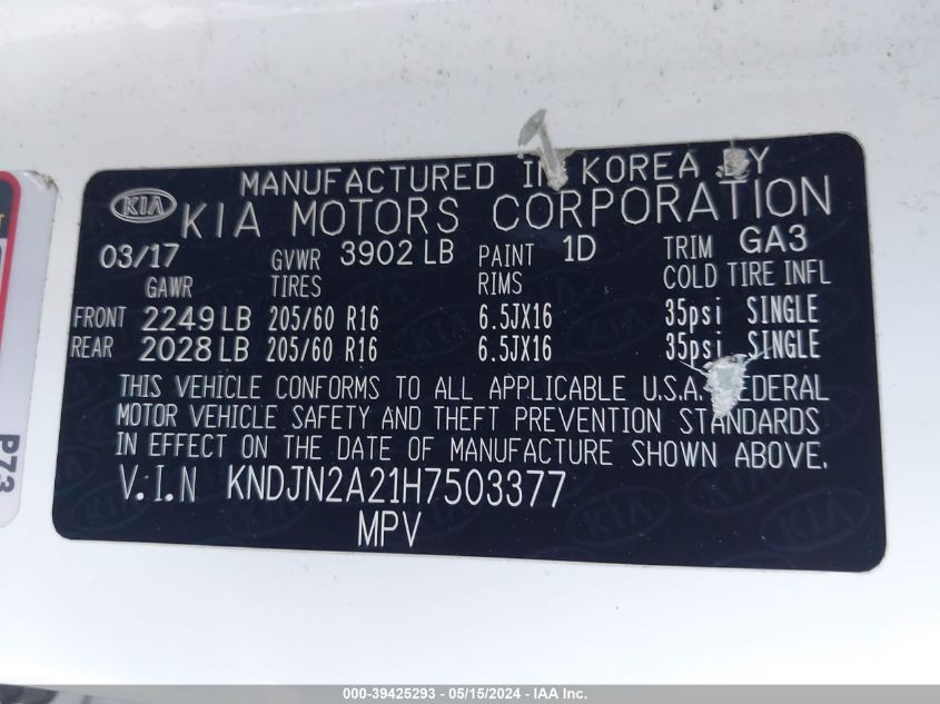 2017 Kia Soul VIN: KNDJN2A21H7503377 Lot: 39425293