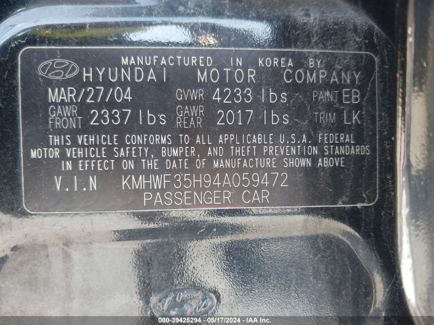 2004 Hyundai Sonata Gls/Lx VIN: KMHWF35H94A059472 Lot: 39425294