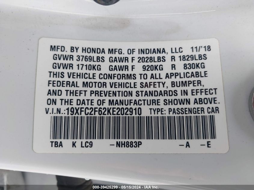 2019 Honda Civic Lx VIN: 19XFC2F62KE202910 Lot: 39425299