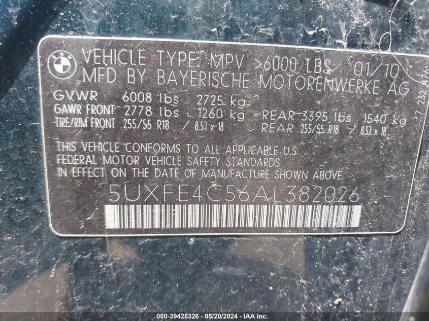 2010 BMW X5 xDrive30I VIN: 5UXFE4C56AL382026 Lot: 39425326