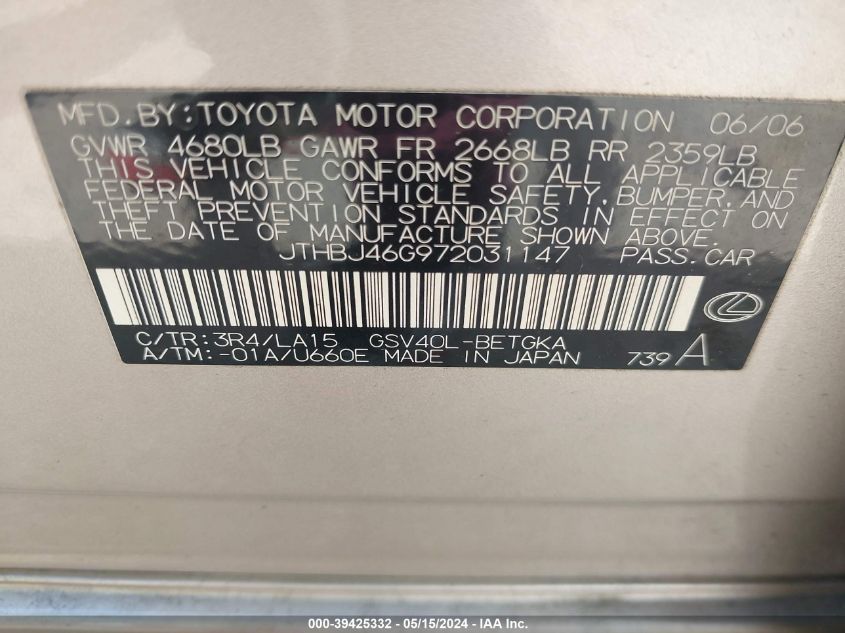 2007 Lexus Es 350 VIN: JTHBJ46G972031147 Lot: 39425332