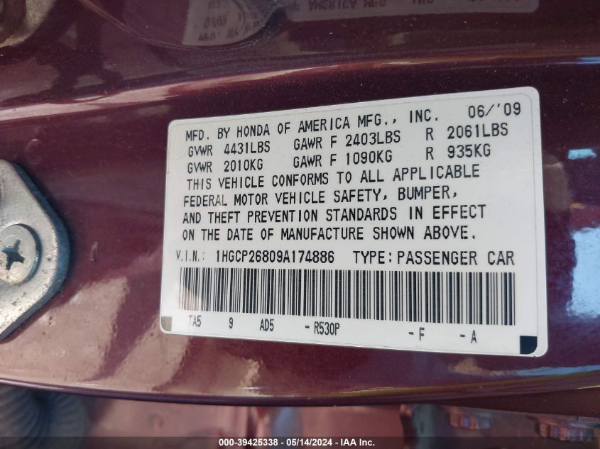 2009 Honda Accord 2.4 Ex-L VIN: 1HGCP26809A174886 Lot: 39425338