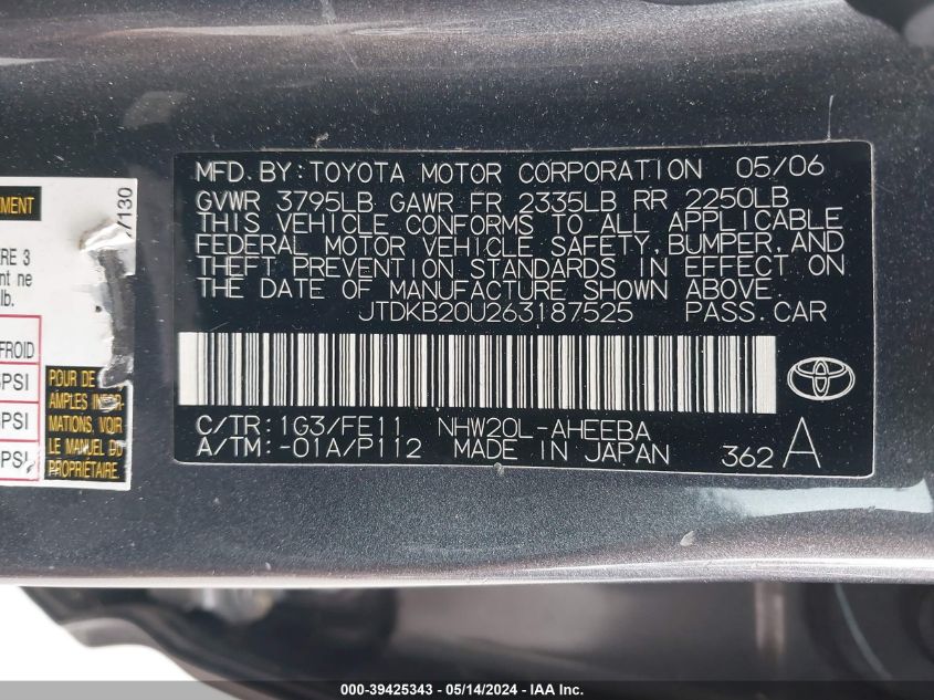 2006 Toyota Prius VIN: JTDKB20U263187525 Lot: 39425343