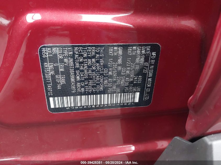 2022 Nissan Rogue Sv Fwd VIN: JN8BT3BA9NW043879 Lot: 39425351