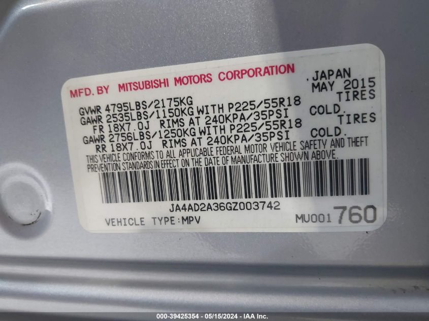 2016 Mitsubishi Outlander Es VIN: JA4AD2A36GZ003742 Lot: 39425354